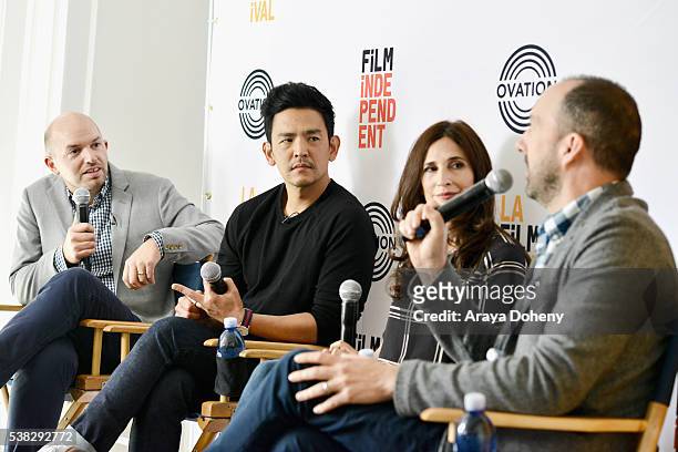 Actors Paul Scheer, John Cho, Michaela Watkins and Tony Hale speak onstage at Coffee Talk: Actors during the 2016 Los Angeles Film Festival at The...