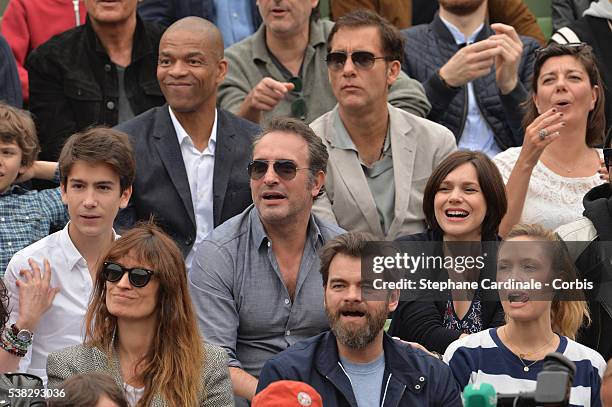 Clive Owen , Jean Dujardin and Nathalie Pechalat ; Clovis Cornillas and Lilou Fogli attend the French Tennis Open Day Fifteen with the Final between...