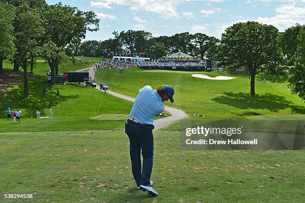 Scott McCarron hits his tee shot on the 14th hole during the final round of the Principal Charity Classic at the Wakonda Club on June 5, 2016 in Des...