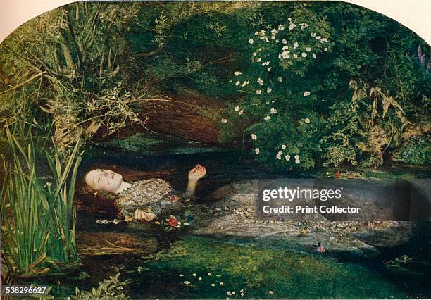 Ophelia, 1851-2. Here Millais shows a scene from Shakespeare's Hamlet, in which Ophelia drowns herself in a stream, after been driven out of her mind...