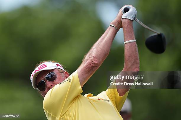 Miguel Angel Jimenez of Spain hits his tee shot on the 15th hole during the final round of the Principal Charity Classic at the Wakonda Club on June...