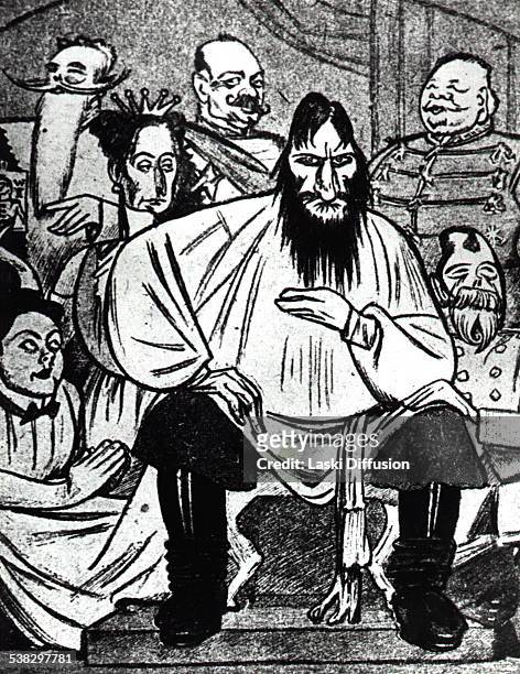 Political satire - a Russian satirical drawing of Grigori Rasputin and Tsar's family.