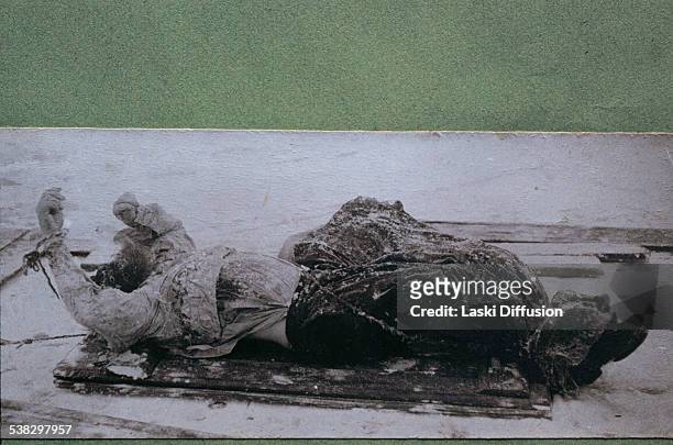Post-mortem photograph of Grigori Rasputin taken after discovery of his body in the frozen Malaya Nevka river near the Bolshoy Petrovsky bridge on...