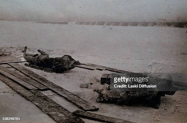 Post-mortem photograph of Grigori Rasputin taken after discovery of his body in the frozen Malaya Nevka river near the Bolshoy Petrovsky bridge on...