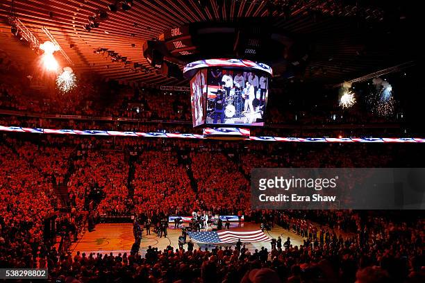 Carlos Santana and his wife Cindy Blackman perform the national anthem prior to Game 2 of the 2016 NBA Finals between the Golden State Warriors and...