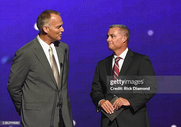 Kansas City Royals General Manager Dayton Moore and University Of Miami Football Head Coach Mark Richt speak onstage at the 4th Annual KLOVE Fan...