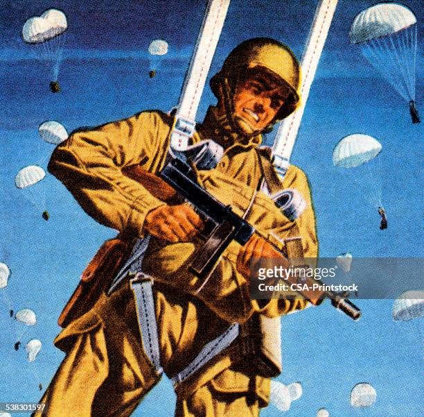 fallschirmjäger shooting gun - paratrooper stock-grafiken, -clipart, -cartoons und -symbole