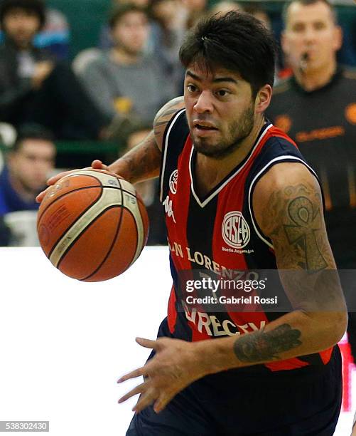 Nicolas Aguirre of San Lorenzo in action during a match between San Lorenzo and Weber Bahia as part of LNB 2016 Playoffs at Hector Etchart Stadium on...