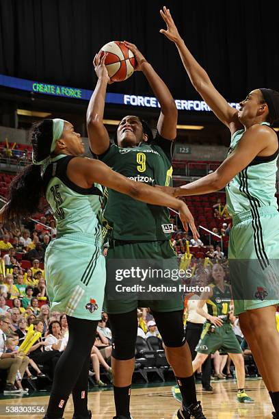 Markeisha Gatling of the Seattle Storm shoots the ball against the New York Liberty on June 5, 2016 at KeyArena in Seattle, Washington. NOTE TO USER:...