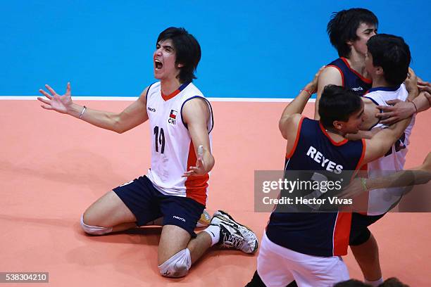 Matias Banda of Chile celebrates during the match between Algeria and Chile as part of the FIVB World Men's Olympic Qualification Tournament at...