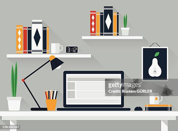 illustrazioni stock, clip art, cartoni animati e icone di tendenza di piatto spazio di lavoro - ufficio