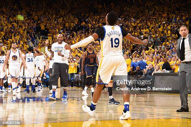 Leandro Barbosa of the Golden State Warriors celebrates with his teammates during the game against the Cleveland Cavaliers in Game Two of the 2016...