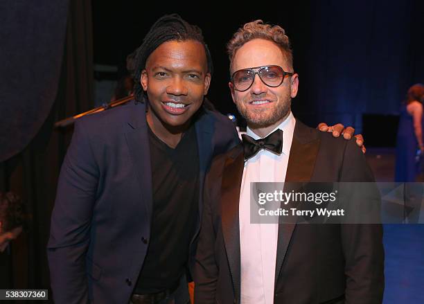 Michael Tait, from muscial group Newsboys, and Tobymac pose backstage during the 4th Annual KLOVE Fan Awards at The Grand Ole Opry House on June 5,...