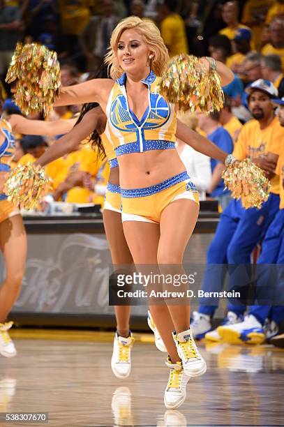 The Golden State Warriors dance team performs during the game against the Cleveland Cavaliers in Game Two of the 2016 NBA Finals on June 5, 2016 at...