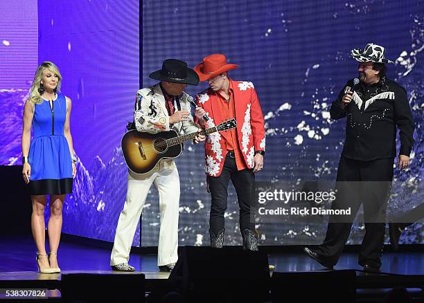 Elisabeth Hasselbeck and Matthew West, Jeremy Camp and Mark Hall perform onstage at the 4th Annual KLOVE Fan Awards at Grand Ole Opry House on June...