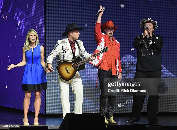 Elisabeth Hasselbeck and Matthew West, Jeremy Camp and Mark Hall perform onstage at the 4th Annual KLOVE Fan Awards at Grand Ole Opry House on June...