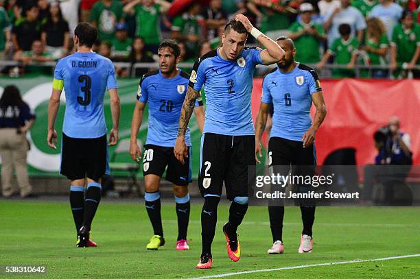 Jose Gimenez of Uruguay reacts on the field during the 2016 Copa America Centenario Group C match against the Mexico at University of Phoenix Stadium...