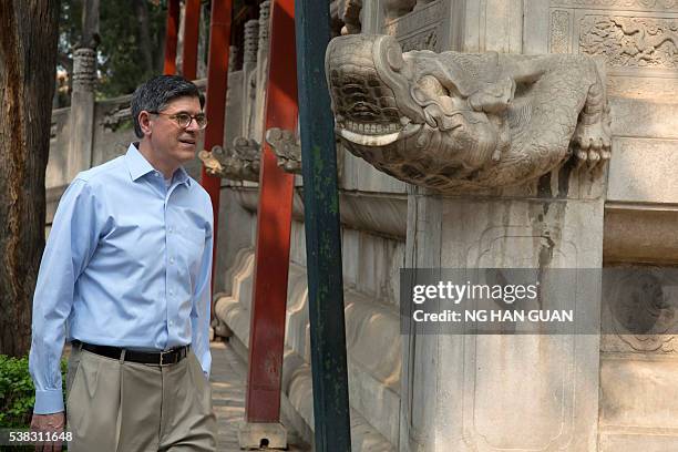 In this photo taken on June 5, 2016 and embargoed until 1000 local time on June 6 US Treasury Secretary Jacob Lew visits the Forbidden City in...