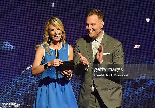 Hosts Matthew West and Elisabeth Hasselbeck speak onstage at the 4th Annual KLOVE Fan Awards at Grand Ole Opry House on June 5, 2016 in Nashville,...