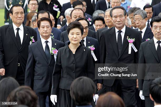 President Park Geun-Hye of South Korea attends the ceremony marking Korean Memorial Day at the Seoul National cemetery on June 6, 2016 in Seoul,...