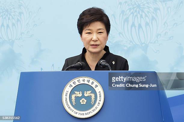 President Park Geun-Hye of South Korea speaks during a ceremony marking Korean Memorial Day at the Seoul National cemetery on June 6, 2016 in Seoul,...