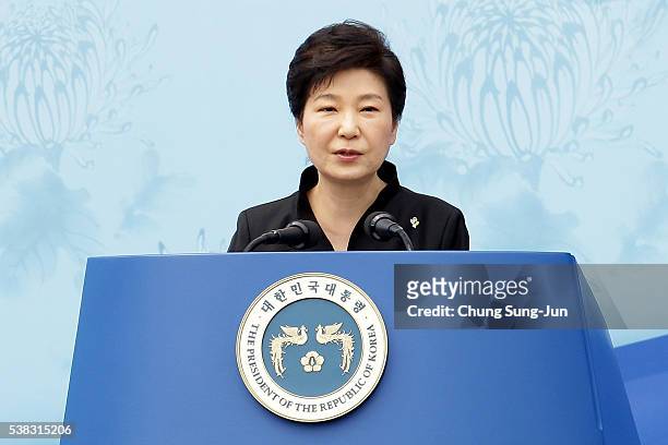 President Park Geun-Hye of South Korea speaks during a ceremony marking Korean Memorial Day at the Seoul National cemetery on June 6, 2016 in Seoul,...