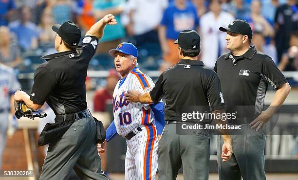 Manager Terry Collins of the New York Mets is thrown out by umpire Adam Hamari during a game against the Los Angeles Dodgers at Citi Field on May 28,...