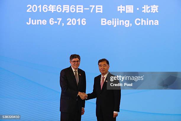 Treasury Secretary Jacob Lew shakes hands with China's Vice Premier Wang Yang during the 8th round of the U.S.-China Strategic and Economic Dialogue...