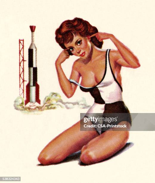 stockillustraties, clipart, cartoons en iconen met woman plugging ears with rocket - pin-up meisje