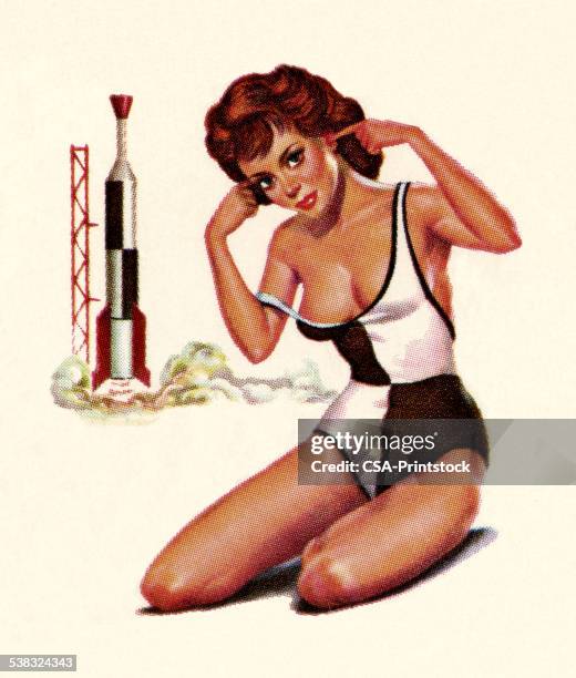 woman plugging ears with rocket - cheesecake stock illustrations
