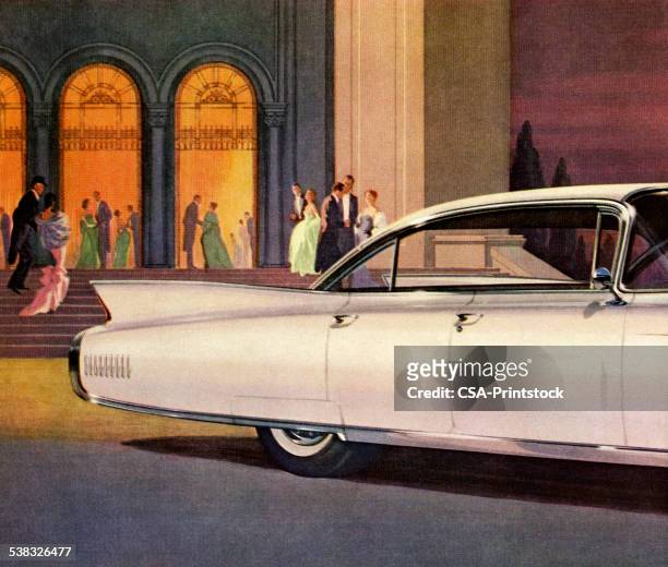 back view of vintage white car - gala night stock illustrations