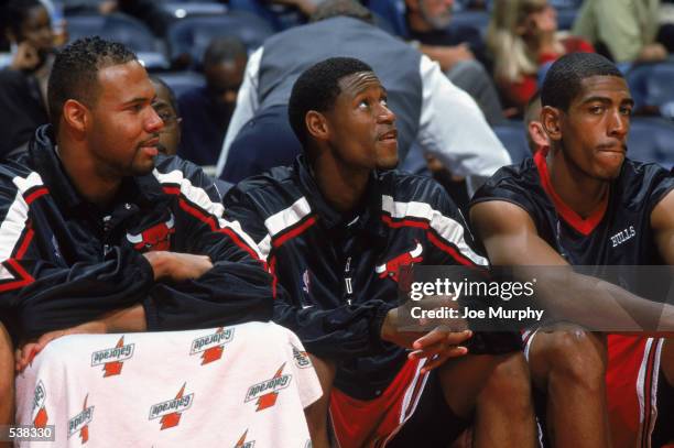 Guards Ron Mercer, A.J. Guyton and Kevin Ollie of the Chicago Bulls sit on the bench during the pre-season game against the Atlanta Hawks at Phillips...