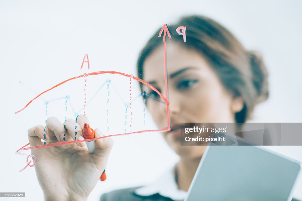 Businesswoman drawing a chart on transparent board