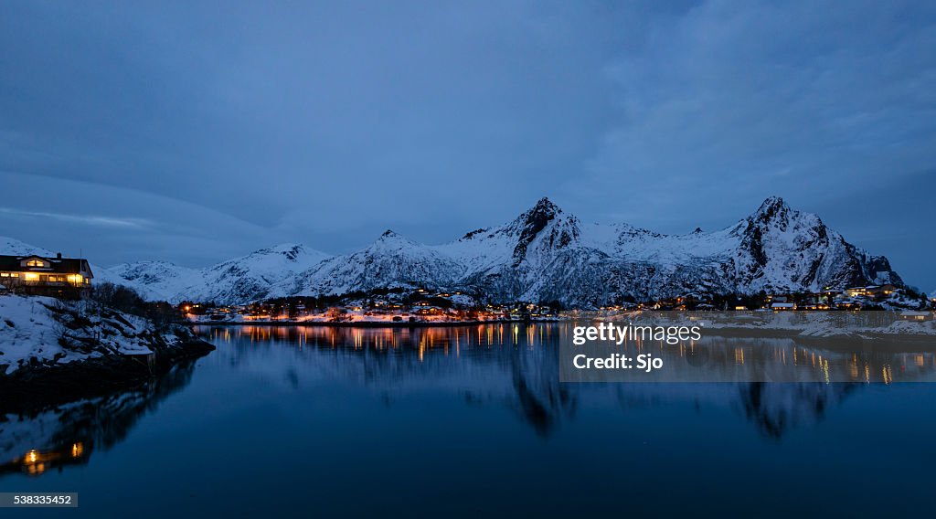 Evening view over Svolvaer in the Lofoten in Norway