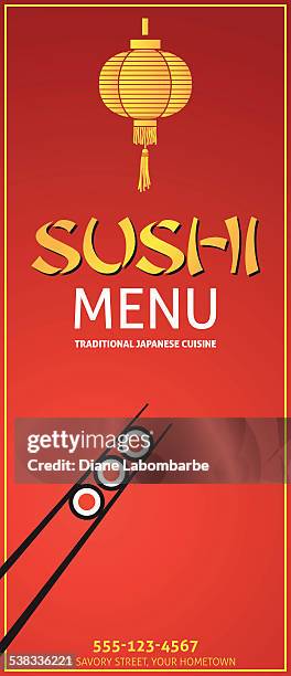 sushi restaurant menu or background with paper lantern and chopsticks - california roll stock illustrations