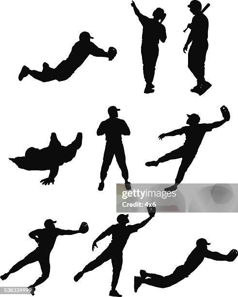 baseball players in action - lying down side view stock illustrations