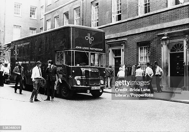 John Lewis removal van parked outside 10 Downing Street in London, as Labour Prime Minister Harold Wilson moves out and Conservative Prime Minister...