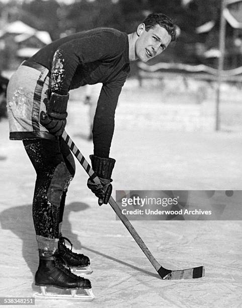 Portrait of L Noble of the Yale hockey team which defeated Williams College during the past week of winter games at Lake Placid, Lake Placid, New...