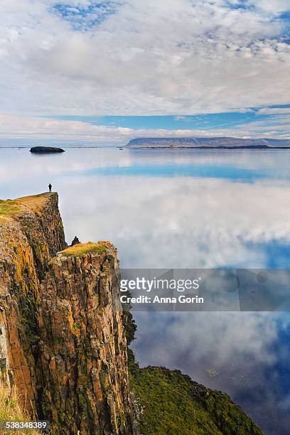 woman on cliffs overlooking calm harbor, iceland - snaefellsnes imagens e fotografias de stock