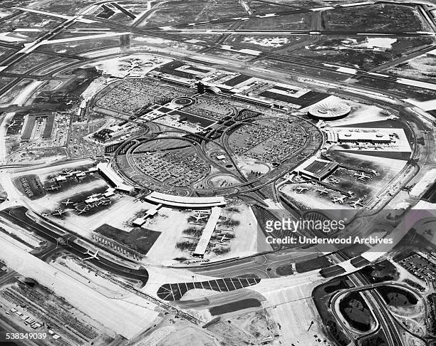 An aerial view of John F Kennedy International Airport, Queens, New York, New York, June 11, 1964.