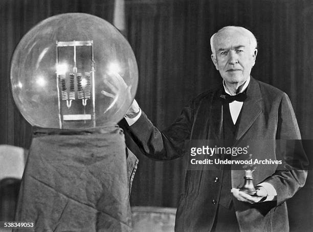 Noted inventor Thomas Edison at the lightbulb's golden jubilee anniversary banquet in his honor, Orange, New Jersey, October 16, 1929. He is...