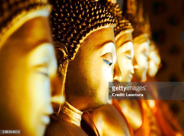 buddhas at wat arun, bangkok, thailand - boeddha stockfoto's en -beelden