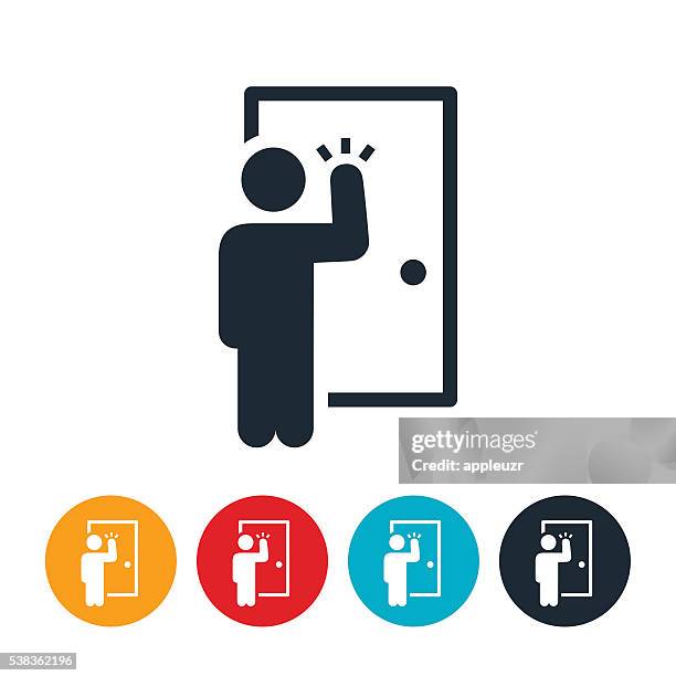 tür-zu-tür verkäufer-symbol - knocking on door stock-grafiken, -clipart, -cartoons und -symbole