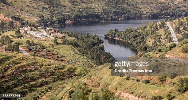 Amman, Jordan View of a valley with a barrier lake on King Talal Dam on April 08, 2016 in Amman, Jordan.