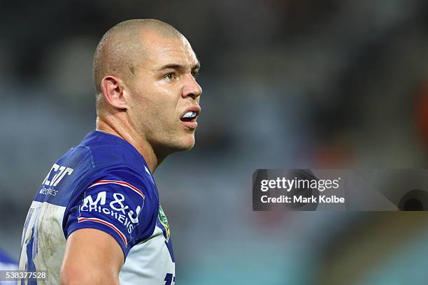 David Klemmer of the Bulldogs watches on during the round 13 NRL match between the Canterbury Bulldogs and the Cronulla Sharks at ANZ Stadium on June...