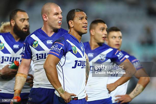 William Hopoate of the Bulldogs looks dejected as he watches the big screen after a try during the round 13 NRL match between the Canterbury Bulldogs...