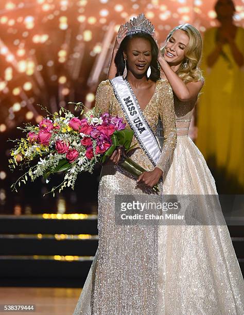 Miss District of Columbia USA 2016 Deshauna Barber reacts as she is crowned Miss USA 2016 by Miss USA 2015 Olivia Jordan during the 2016 Miss USA...