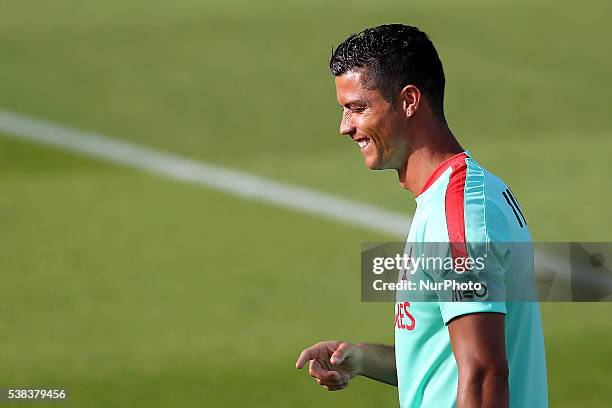 Portugals forward Cristiano Ronaldo Portugal's National Team Training session in preparation for the Euro 2016 at FPF Cidade do Futebol on June 5,...