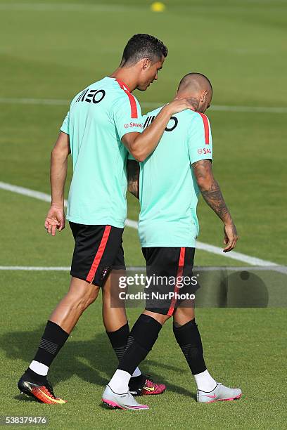 Portugals forward Cristiano Ronaldo with Portugals forward Ricardo Quaresma Portugal's National Team Training session in preparation for the Euro...