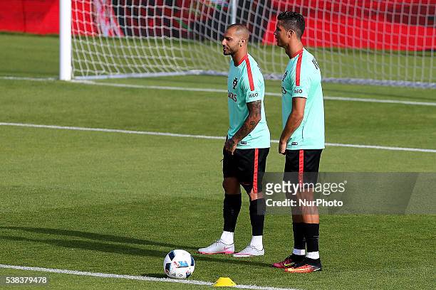 Portugals forward Cristiano Ronaldo with Portugals forward Ricardo Quaresma Portugal's National Team Training session in preparation for the Euro...